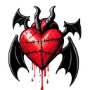 a bleeding red heart with stitches in the center and cute tiny devil horns, bat wings and a tail with a spade-shaped tip tattoo design idea