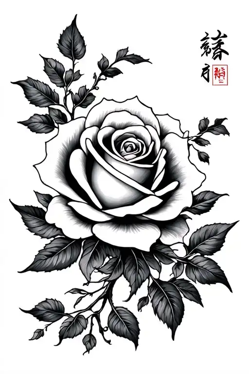 Rose and waves, which were used in Japanese tattoos, as well as Japanese characters - 福, 夢, 家, 真. tattoo design idea