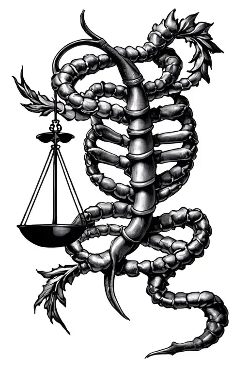 cancer zodiac intertwined with Libra zodiac scales connected to Sagittarius zodiac tattoo design idea