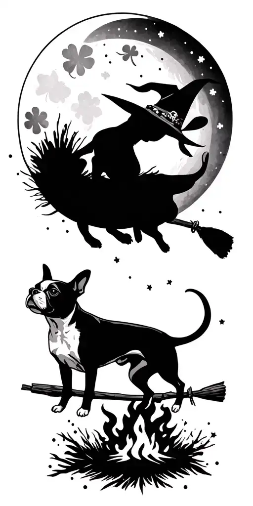 shamrock, bulldog, boston terrier, cattle dog, camper, flying witch on broomstick, moon, campfire tattoo design idea