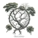tree in the shape of dna double helix where the roots are the dna helix half dead half alive tree tattoo design idea