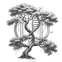 tree in the shape of dna double helix where the roots are the dna helix half dead half alive tree tattoo design idea
