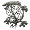 tree in the shape of dna double helix where the roots are the dna helix half dead half alive tree tattoo design idea