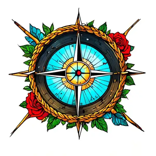 sailor's compass, kaleidoscope heart, vinyl record roses, neon rope anchor, broken stained glass eye tattoo design idea
