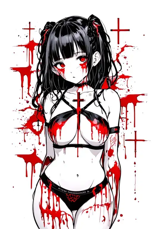 thin line, anime girl, cyber sigilism, underwear, dark aesthetic, goth, gore, blood, horror, crosses tattoo design idea
