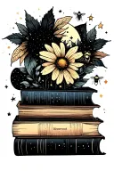 bees a totus flower a tiny stack of books with stars and a moon that is whispy and long but simple and feminine  tattoo design idea