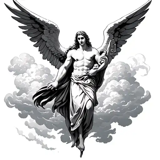 arch angel raphael with number 49 and clouds tattoo design idea