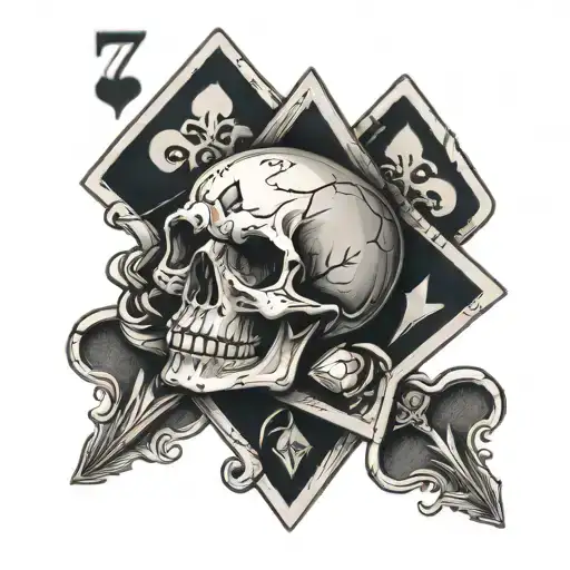 small skull with 7 of spades 2 of diamonds playing card tattoo design idea