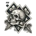 small skull with 7 of spades 2 of diamonds playing card tattoo design idea