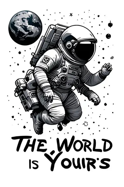 "The World Is Yours" astronaut floating in space tattoo design idea