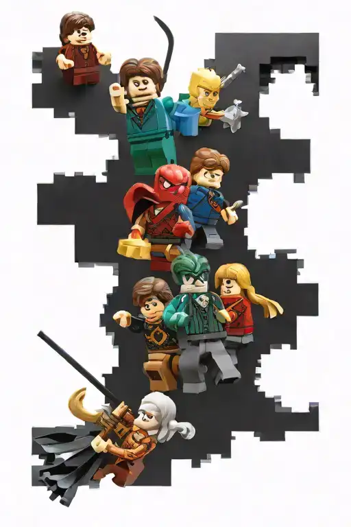 A Lego-inspired sleeve featuring a Marvel vs. Harry Potter battle scene tattoo design idea