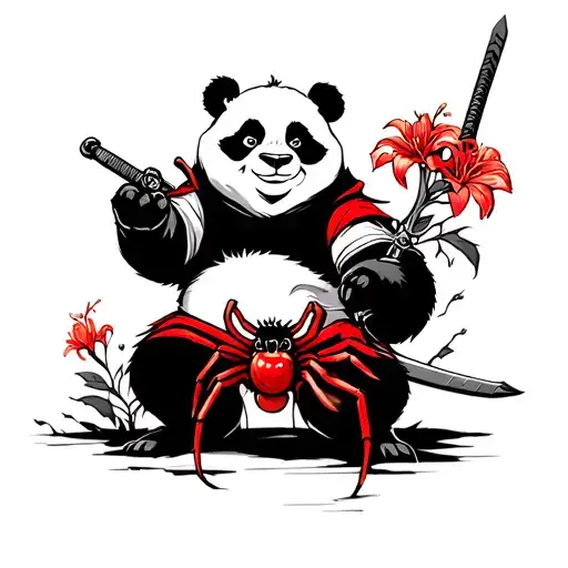 Japanese theme kungfu panda warrior with a sword and red spider lily and cherry blossom flower  tattoo design idea