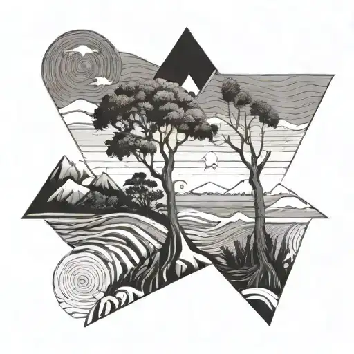 cleen line landscape view with a wave a tree a star a girl and sky tattoo design idea