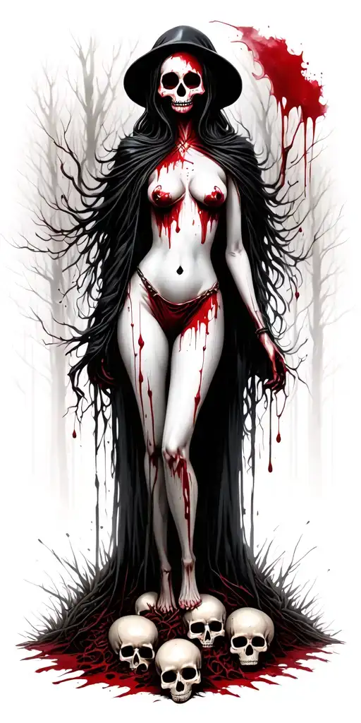 topless female grim reaper full body with a sugar skull painted face standing on a pile of bloody skulls in the woods tattoo design idea
