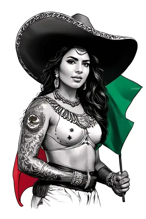charra holding mexican flag tattoo design idea