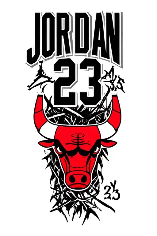 "JORDAN 23" "JORDAN 23" "JORDAN 23" michael jordan jumpman logo with chicago bulls tributes throughout or hidden in the logo. basket tattoo design idea