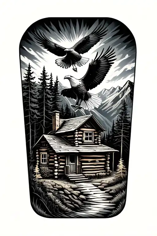 nature scene with log cabin up on a mountain with a bald eagle soaring in the sky with a acoustic guitar tattoo design idea