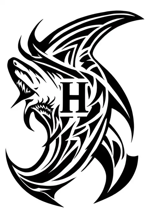 hidden H in a tribal hammer head shark tattoo design idea
