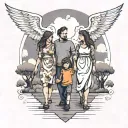 family of 4, mother, father and 2 daughters holding hands and walking down a road, dark clouds and all evil above us,   tattoo design idea