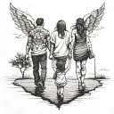 family of 4, mother, father and 2 daughters holding hands and walking down a road, dark clouds and all evil above us,   tattoo design idea