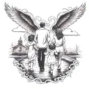 family of 4, mother, father and 2 daughters holding hands and walking down a road, dark clouds and all evil above us,   tattoo design idea