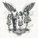 family of 4, mother, father and 2 daughters holding hands and walking down a road, dark clouds and all evil above us,   tattoo design idea