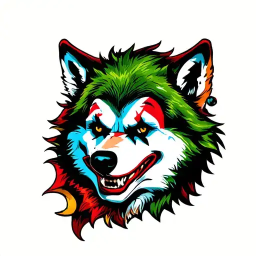 traditional wolf head with the joker smile. wolf colors tattoo design idea