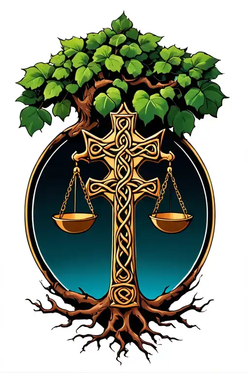 Celtic cross with Justice scales and tree roots tattoo design idea
