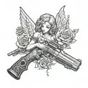 angel holding a gun and rose and butterflies and sparkles tattoo design idea