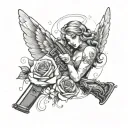 angel holding a gun and rose and butterflies and sparkles tattoo design idea