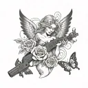 angel holding a gun and rose and butterflies and sparkles tattoo design idea