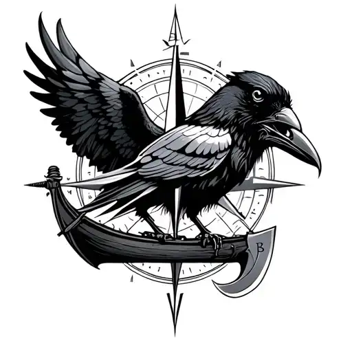 Nordic compass, Nordic boat, raven and a Nordic axe more detail tattoo design idea