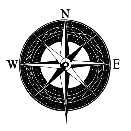 A geometric minimalist tattoo with a compass rose. A slender arrow runs vertically through the compass rose tattoo design idea