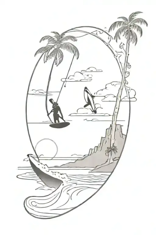 small tattoo combine of costal beach of sri lanka , sunset , surfing , stilt fishing of koggala tattoo design idea