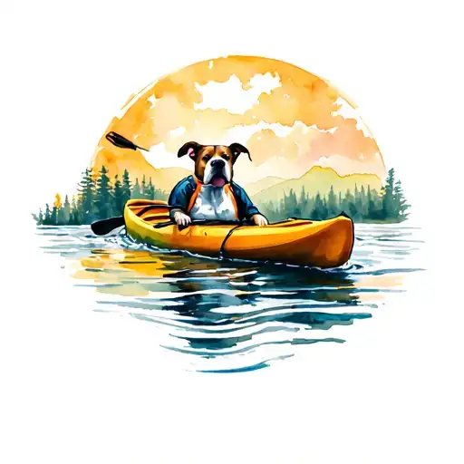 pitbull in kayak on river tattoo design idea