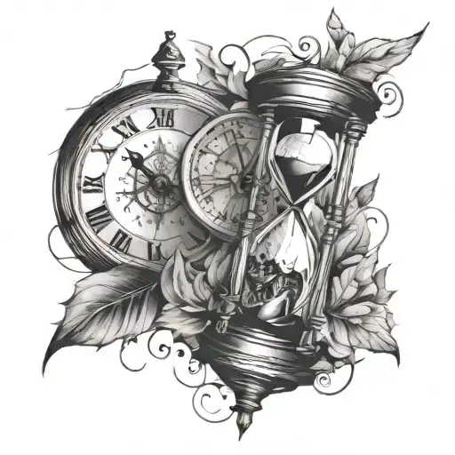 clock with cracks and hourglass tattoo design idea