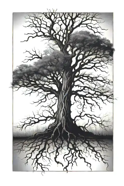 leafless tree in a shaded square tattoo design idea
