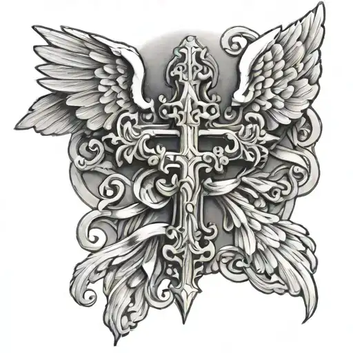cross and angels holding tattoo design idea