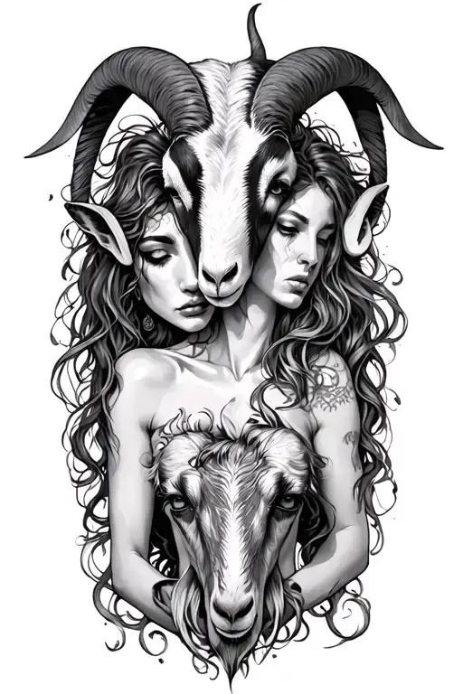 Succubi having sex. Goat head above them. tattoo design idea
