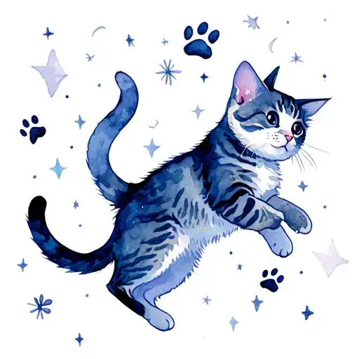 Your cat is mid-leap, suspended in a dreamy night sky. Tiny moons and stars drift around him, with sparkles & paw print tattoo design idea