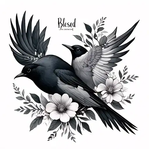 blessed written on neck transforming into birds and flowers tattoo design idea