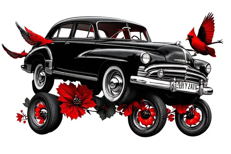 ivory with car and cardinal flying tattoo design idea