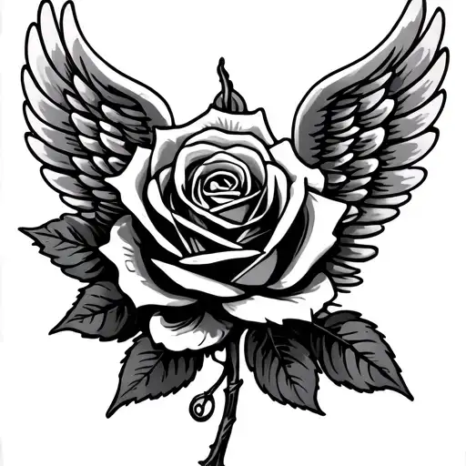 rose tattoo with unity symbol stem and angel wings for leaves tattoo design idea