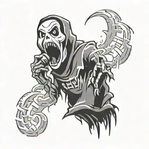 scream character from scary movie film in smoke calling on the phone and graffiti style 3 letters JZM tattoo design idea