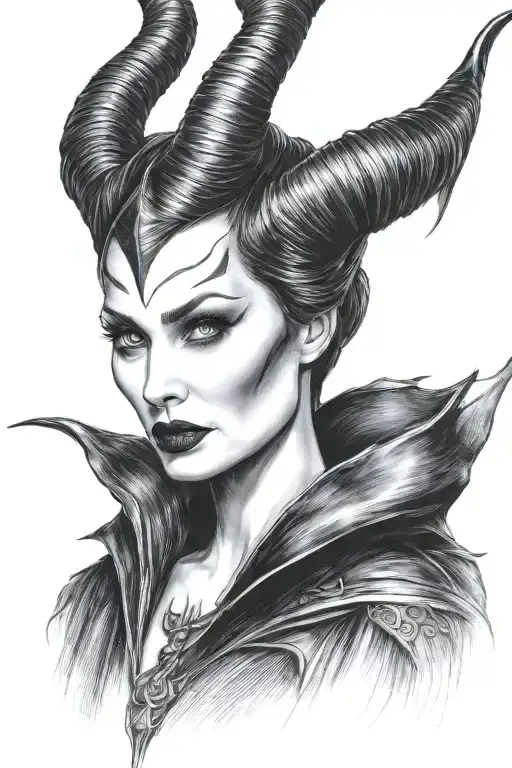 Maleficent as maleficent in the movie. White eyes with tears. Front portrait. tattoo design idea