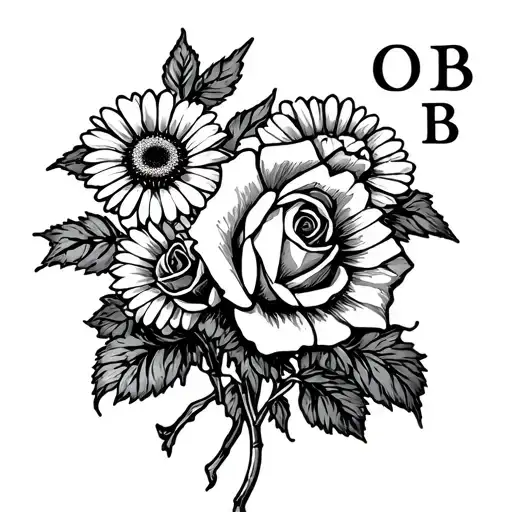 stamp with bouquet of roses and daisies, the letters O and B at the bottom right of the stamp tattoo design idea