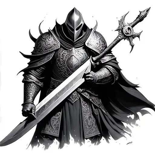 A highly detailed tattoo design of a Dark Souls knight standing heroically with a massive sword, wearing intricate, batt tattoo design idea