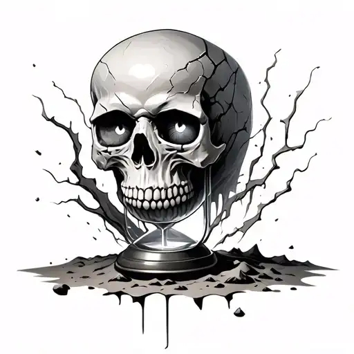 Dark gothic tattoo sleeve, pale cracked skull, 3D broken hourglass spilling sand, glowing eyes, black and gray shading,  tattoo design idea