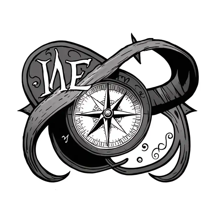 compass and initials ME written tattoo design idea