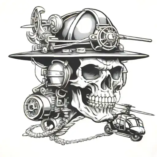 firefighter skull, helicopter hovering, triathlon symbol incorporated tattoo design idea